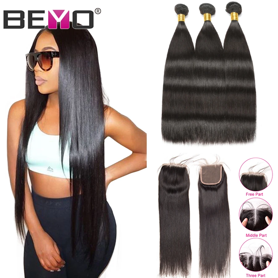 Straight Hair Bundles With Closure Brazilian Hair Weave Bundles Human Hair Bundles With Closure Beyo Non Remy Hair Extension