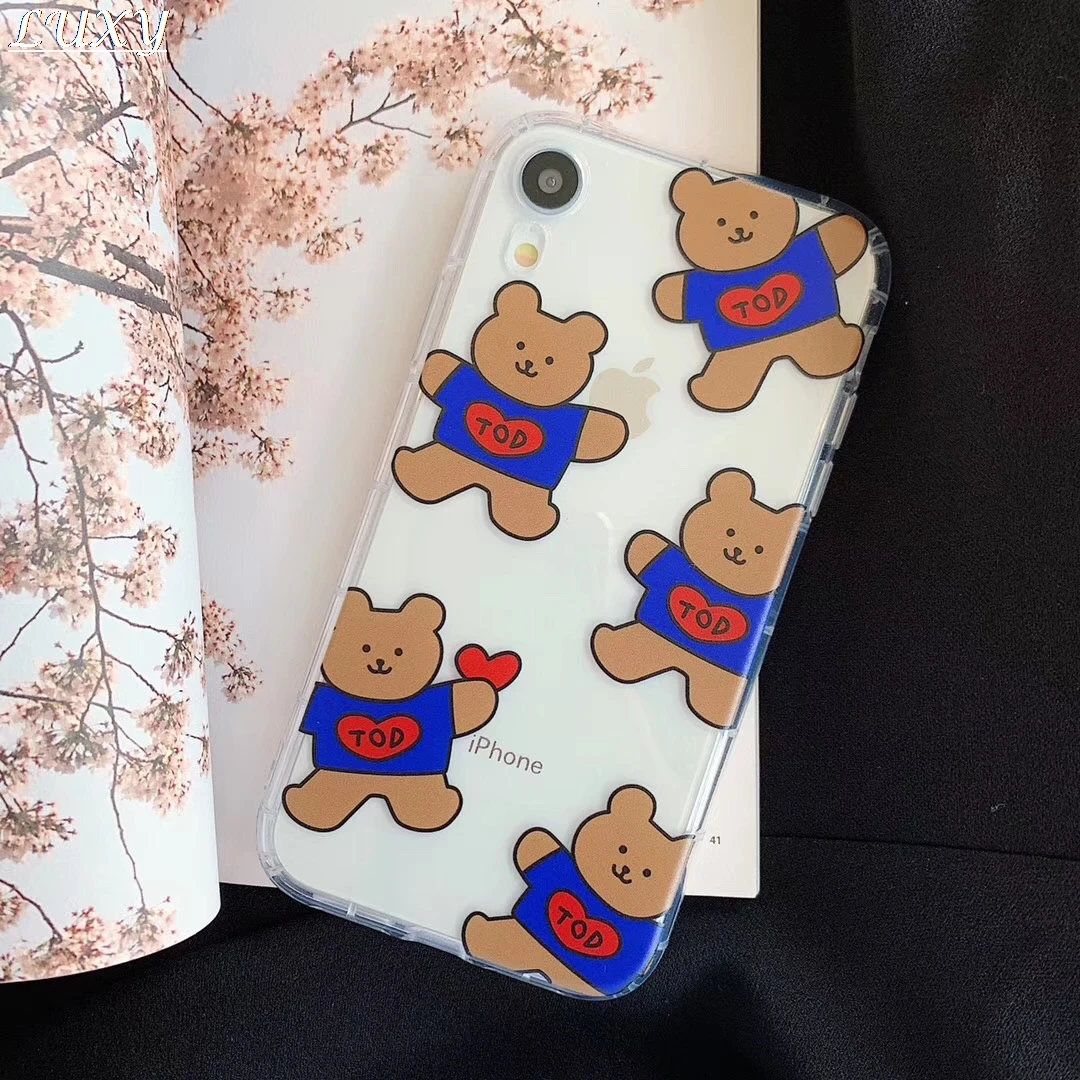 

Cute Cartoon Care Bear LOVE Biscuits Transparent cover for iphone 7 8 6 6s Plus X XS Max Xr Korean line Ins soft Case Cases