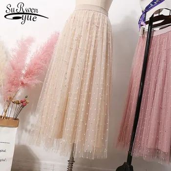 

Spot Long Skirt Female Spring 2020 High Waist Women skirt Fashion Spot pattern elegant Lady Mesh Half-length Skirt top 3071 50