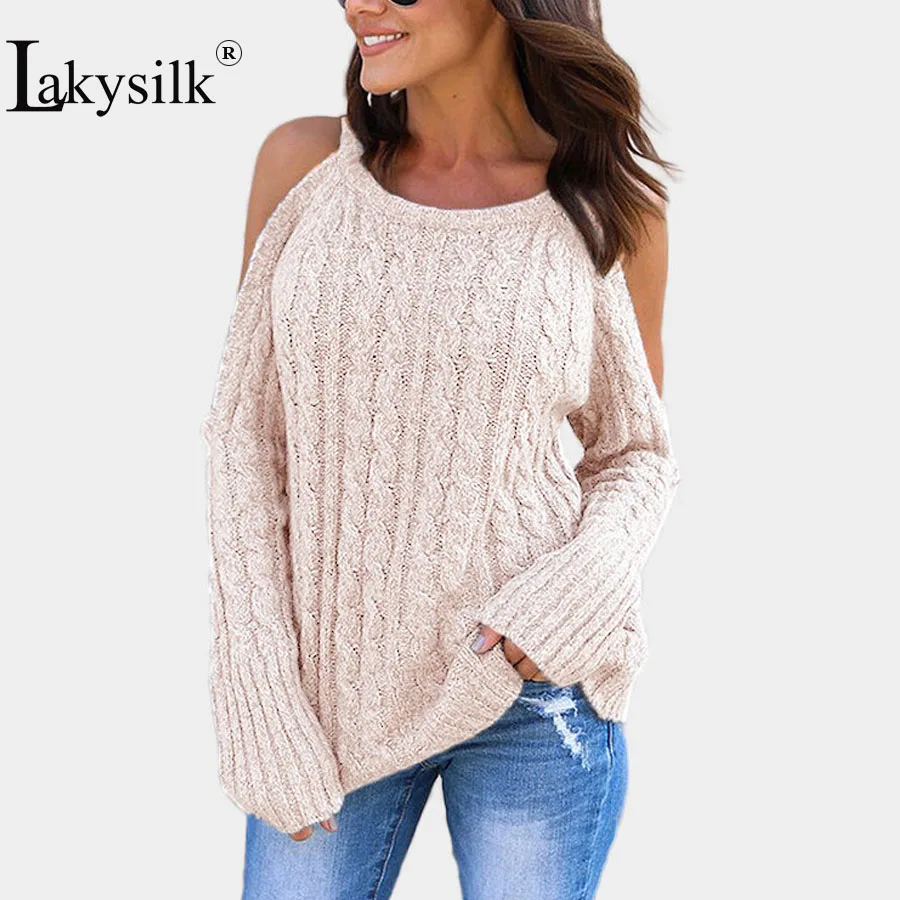 

[Lakysilk] Solid Color Bare Shoulder Pink Women Sweaters Casual Female Long Sleeve O-Neck Sexy Autumn Fashion Girls Tops 2018