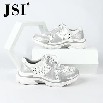 

JSI Fashion Sneaker Genuine Leather Breathable light Lace-up Woman Flats Round Toe Shoes Handmade Comfortable Silver FlatsJO183