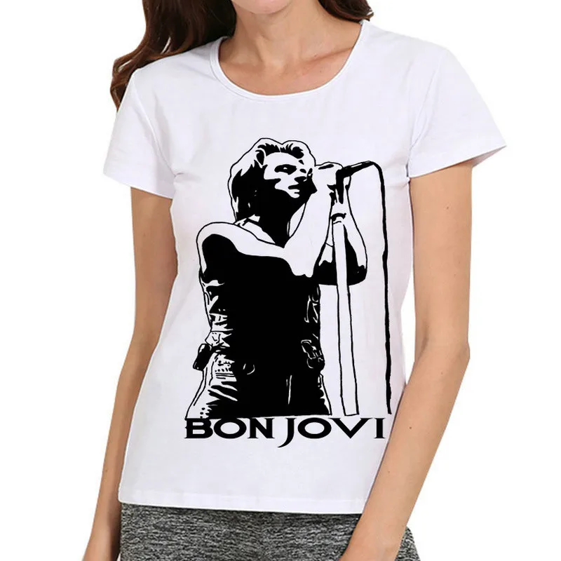 

Women Printing T Shirt Cotton O-Neck Tops Tees Summer Style luzne damskie Bon Jovi Logo Music Star