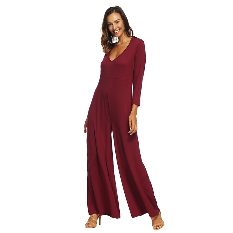 Wide Legs Jumpsuits Women Full Length Pants Long Sleeves V Neck 2018 New Fashion Jumpsuits