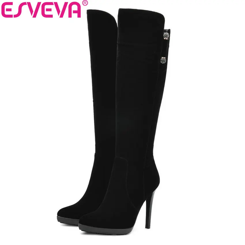 ESVEVA/ г. Черные женские сапоги на каждый день короткие плюшевые сапоги до колена модная женская обувь на каждый день зимние сапоги на высоком тонком каблуке размеры 34-39