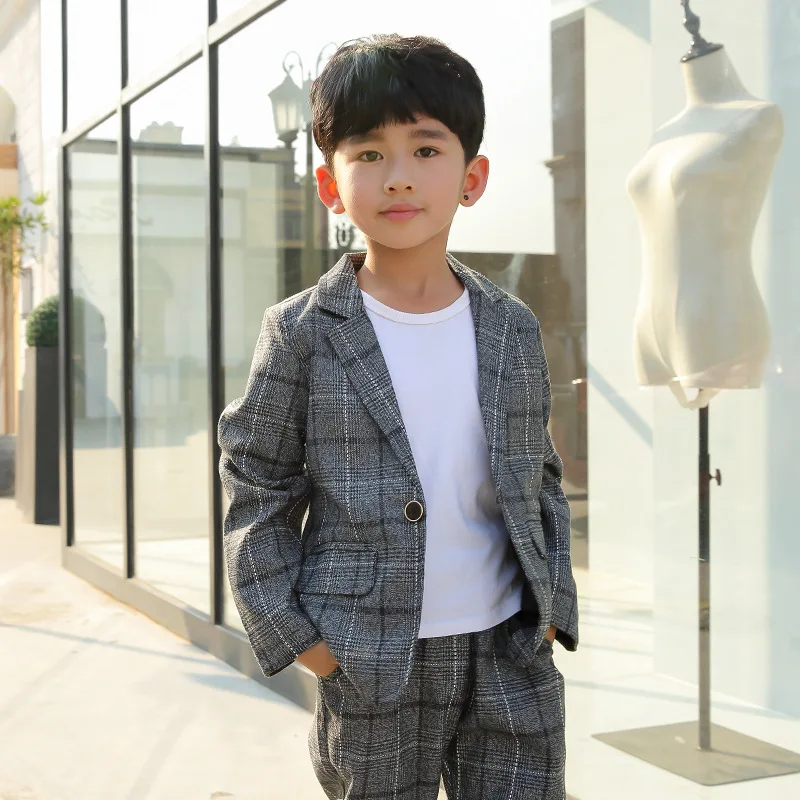 

Kids Clothes 2018 new Spring Autumn lattice Children's sets Single Breasted suit+ pants 3-12 years Baby Boy Clothes