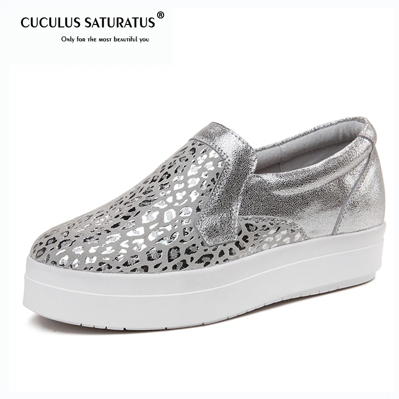 

Cuculus 2019 Women Platform Flats Loafers Shoes Bling Leopard Genuine Leather Slip on Casual Flats White Sole Ladies Shoes 1716