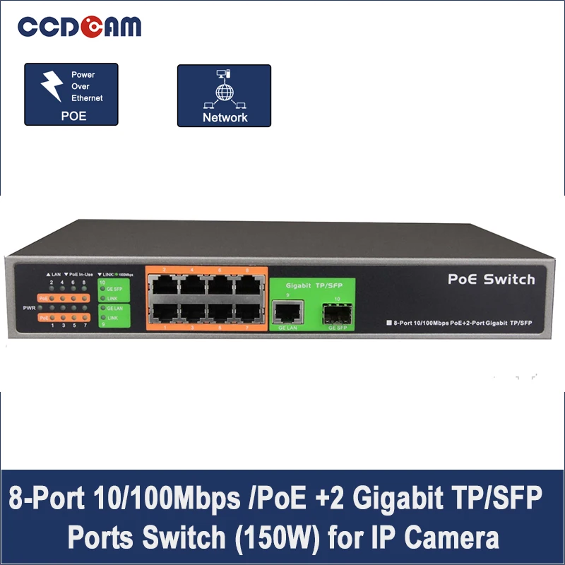 8-Port 10/100Mbps /PoE + 2 Gigabit TP/SFP Ports POE Switch IEEE802.3af/at 8 Port Gigabit IP Camera System