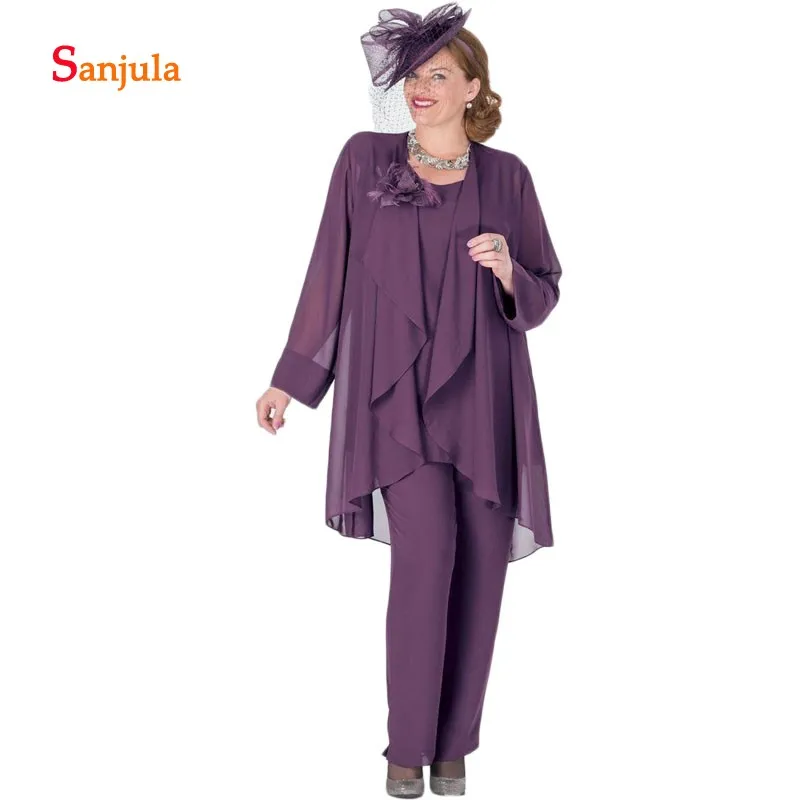 Paars Chiffon Moeder van de Bruid Jurken met Chiffon Lange Mouw Wraps Jas Broek Pak Bruiloft Jurk voor Moeder d204 Paars Chiffon Moeder van de Bruid Jurken met Chiffon Lange Mouw Wraps Jas Broek Pak Bruiloft Jurk voor Moeder d204