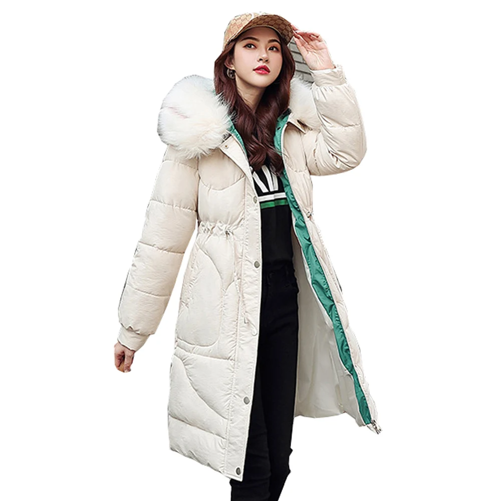 

Fashion Woman Fur collar self-cultivation jacket cap and large fur collar over knee medium and long down jacket parka woman 1909