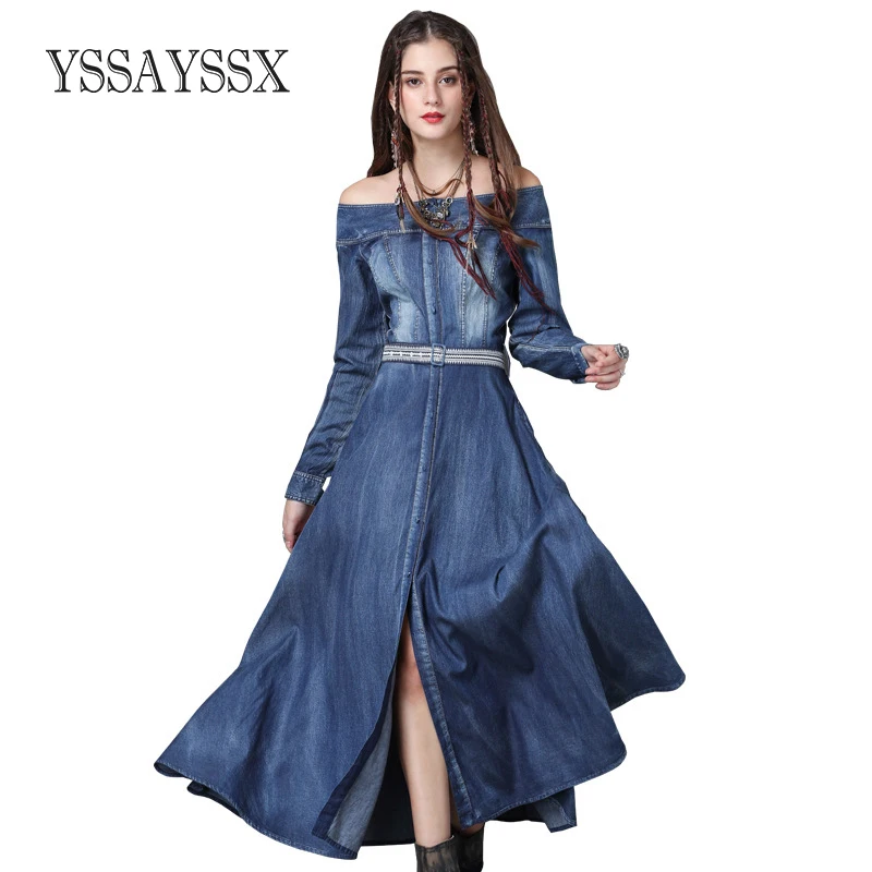 

YSSAYSSX One-Shoulder Slim Solid Color Denim Dress Vintage Embroidered Long Sleeve Dress Mid Waist Belt Decoration Denim Dress