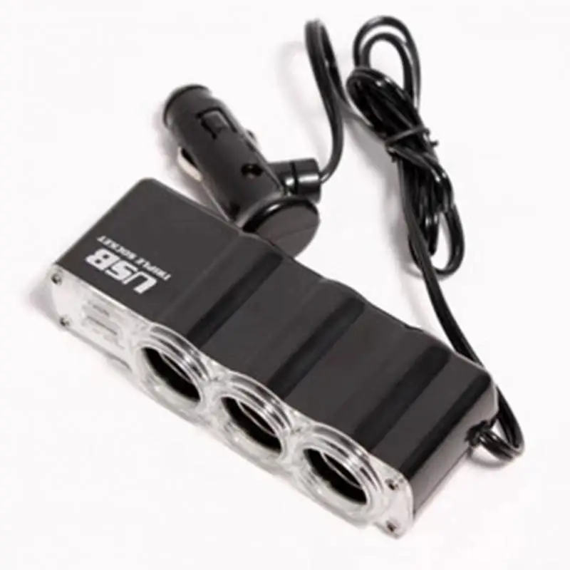 

3 Way Triple Car Cigarette Lighter Socket Splitter One To Three +USB Port Cigar Lighter Kit One To Three Power Adapter #0713