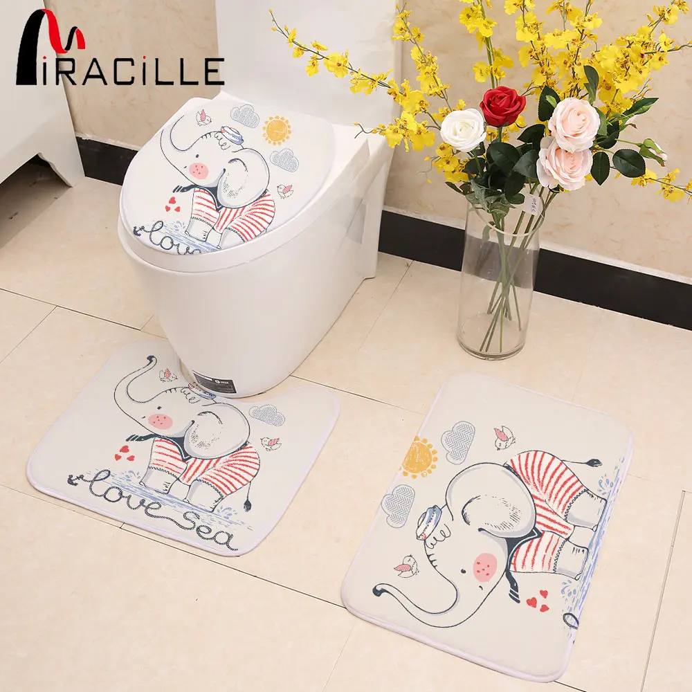 

Miracille 3pcs/Set Bathroom Toilet Seat Cover Cartoon Cute Animal Printed Coral Fleece Warm Anti-slip Mats Toilet Set Bath Decor