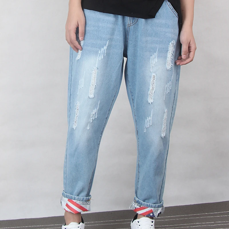 Beste Ripped Jeans Vrouwen Vriendje Katoen Trekkoord Mom Jeans Plus Size Losse Denim Harem Broek 6xl