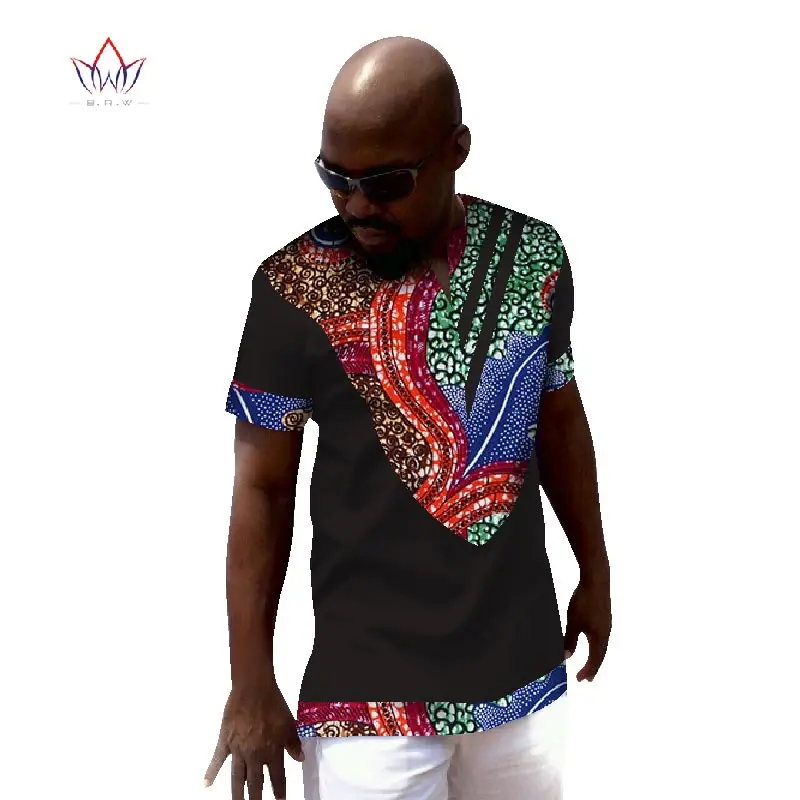 

Dashiki Men Top T-shirt Bazin Riche African Men Clothes 100% Cotton Print Patchwork Button Top Tees African Clothing WYN52