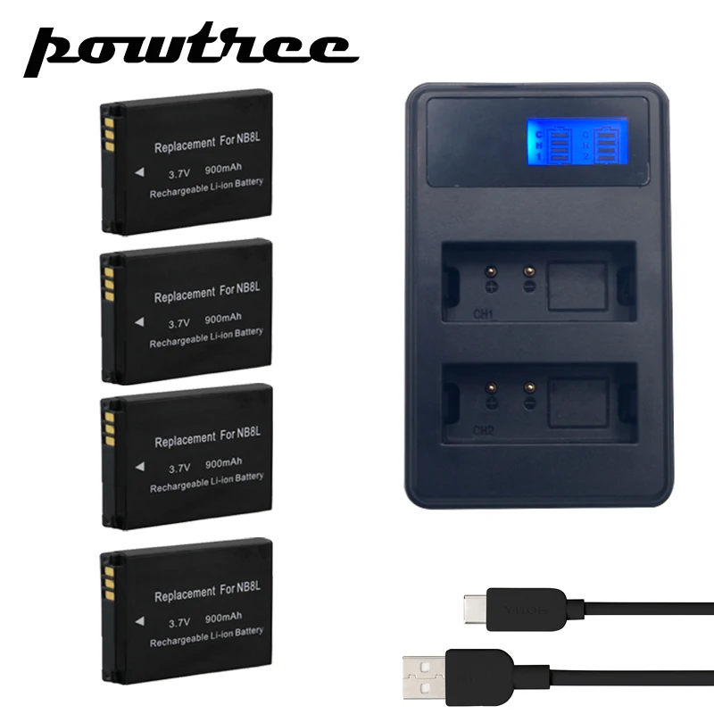 

4X 3.7V 900mAh NB-8L Li-ion Battery+2Port Battery charger with LED For Canon Powershot A3100 A3200 A3300 PM059 A2200 A3000 L20