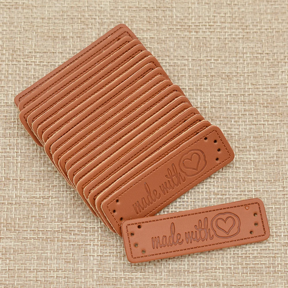 

20pcs Hot Sale Made With Heart Artificial PU Leather Labels Sewing On Garment Bag Shoes Handmade Craft Cloth Tags