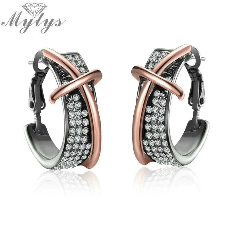 

Mytys Rose Gold Cross Black Round Earring Crystal Setting Women Small Hoop Earrings Two Tone New Fashion High Quality Gift CE345