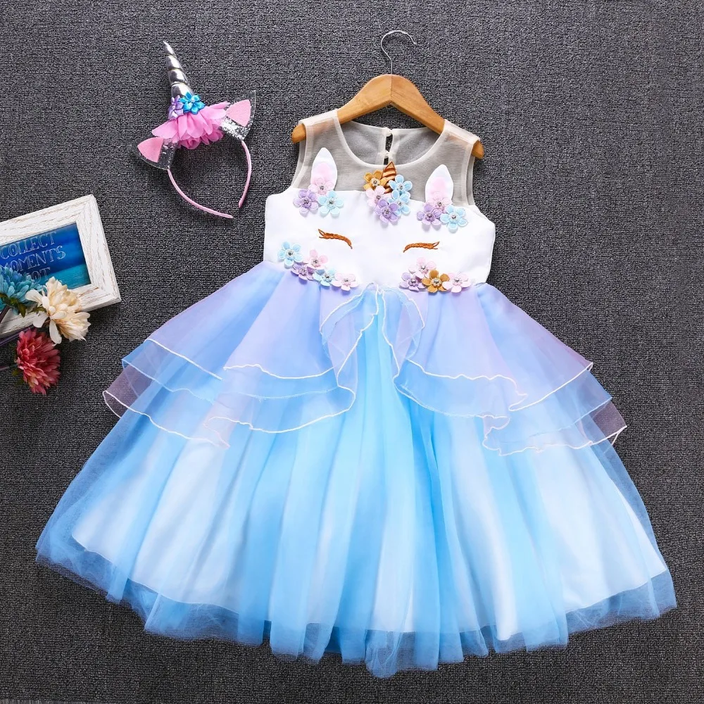 Взрывное платье принцессы с единорогом для девочек; Сетчатое кружевное платье; Детский карнавальный костюм; праздничное платье; юбка для детей