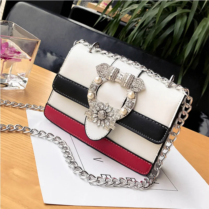 

2017 New Woman Fashion Handbags Chain Patchwork Messenger Bags Crossbody Shoulder Bag Rhinestone Female Simple Bolsa b62