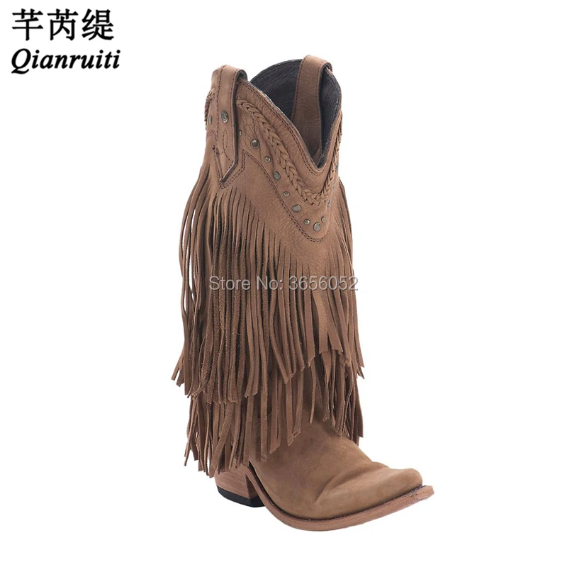 

Qianruiti Botines Mujer Vintage Shoes Women Slip On Mid-Calf Tasselled Botas Pointed Toe Block Heel Fringe Western Cowboy Boots