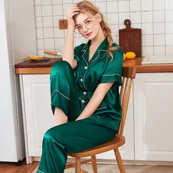 2019 летние с коротким рукавом шелковые пижамы комплект из двух предметов для женщин Пижама, пикантная сорочка для спальный комплект пижам
