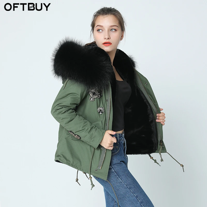 OFTBUY парка с вышивкой бриллиантами цвета хаки, зеленая зимняя куртка, пальто, женские парки, пальто с натуральным мехом енота, воротник теплый