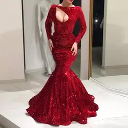 Сексуальная Русалка Красные платья для выпускного длинные 2019 полный расшитый блестками с длинными рукавом выпускного вечера вечерние