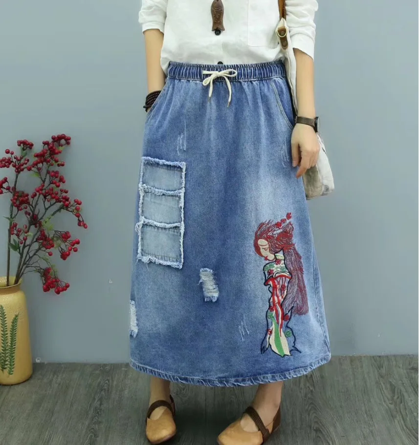 

Summer Woman Vintage Denim Skirt Nation Style Cartoon Girl Embroidered Patchwork Washed Jeans Skirt Elastic Waist Loose Skirt