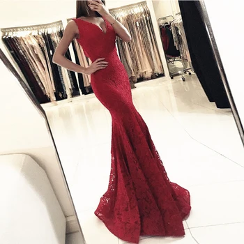 

Burgundy Prom Dresses V-neck Mermaid Deep Lace Sexy Party Long Prom Gown Evening Floor Length Dresses Robe De Soiree