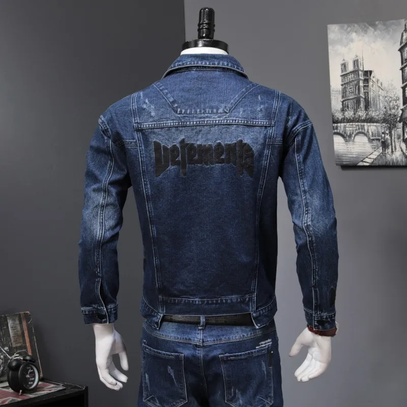 Джинсовые комплекты из 2 предметов для мужчин 2019 Новая Осенняя мода корейские облегающие джинсовые куртки и джинсы повседневные комплекты