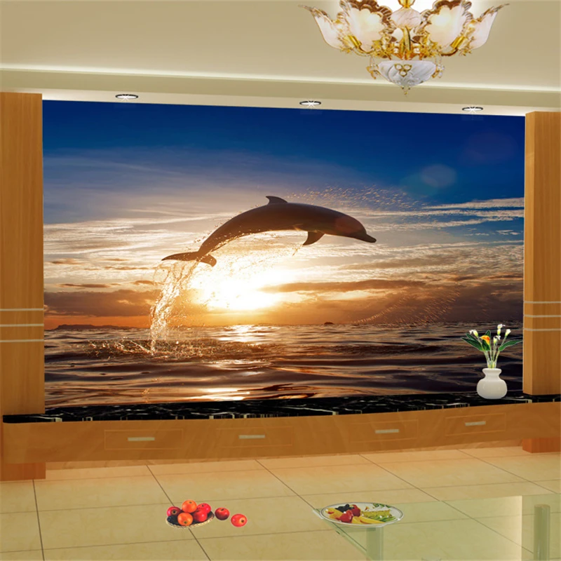 

beibehang Large - scale custom mural 3D wallpapers wallpaper stickers dolphins leaping out of the sea sunrise seascape back
