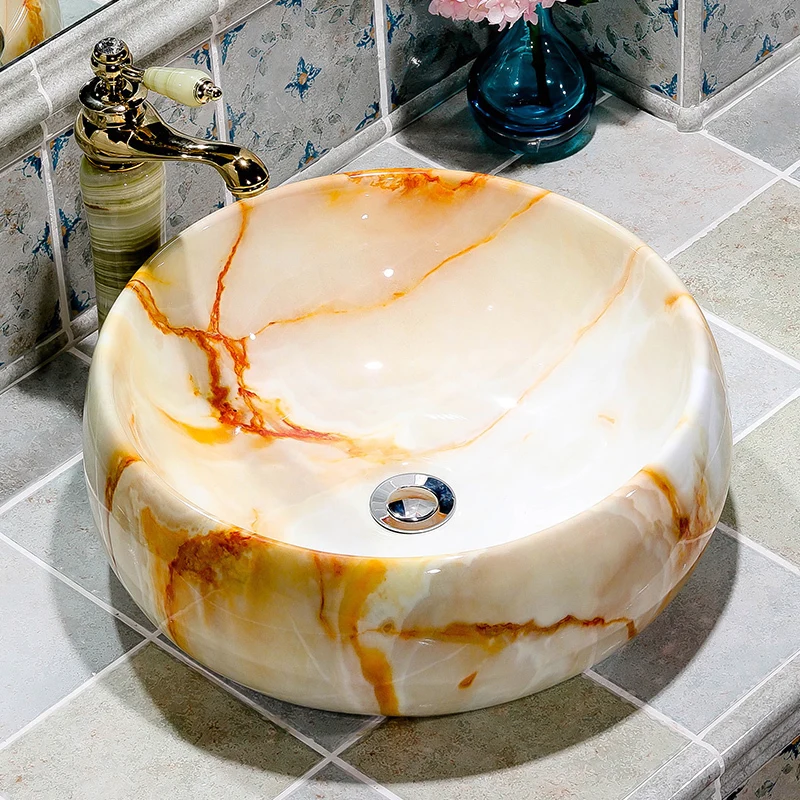 Ceramic Washbasin round Imitation Marble Ceramics European-style Simple Household Art Bathroom sink | Обустройство дома