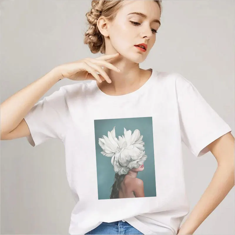 

Cncool Summer New Black and White Feather Beauty Print Women's T-shirt Top Harajuku Casual Fashion T-shirt Streetwear for Girls