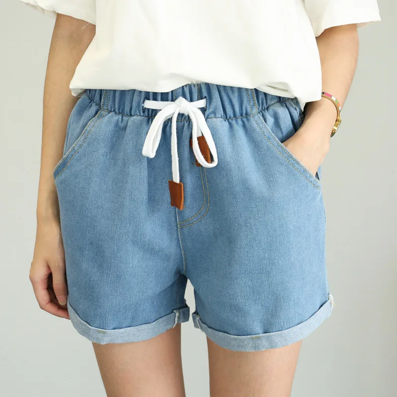 DZZYFJC High waist denim shorts Women Summer solid Elastic waist
