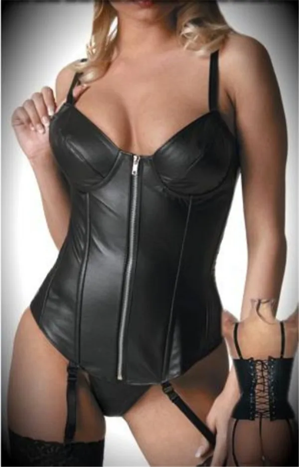 Lace Up Zip Black Faux Leather Boned Cup Corset And Bustier In 