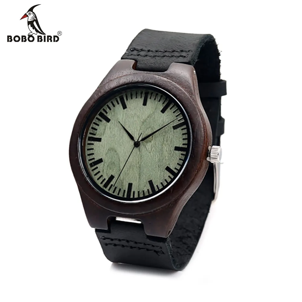 BOBO BIRD Nature Ebony Wooden Quartz Wrist Watch Green Wood Dail for Men Women with Genuine Leather Band in Gift Box