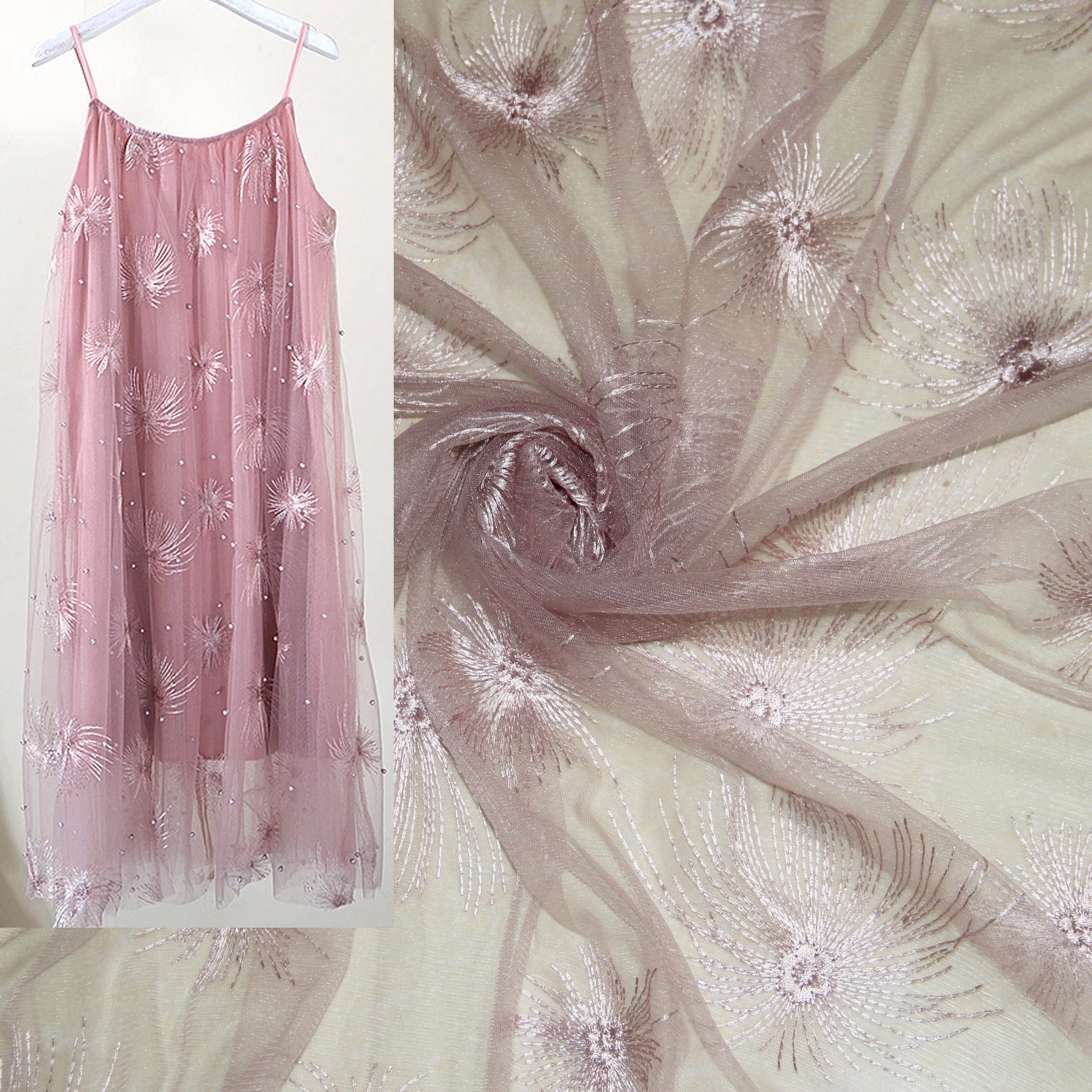 

fireworks embroidered soft tulle pink printed mesh fabric girls clothes women dress material white grey printing fabric