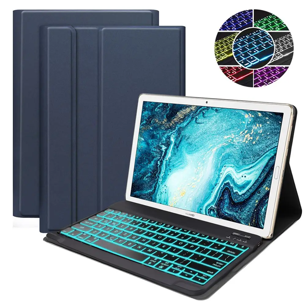 

10pcs/set Spanish Bluetooth Backlit Tablet Keyboard With Leather Case Keyboard Pad Tablet Kickstand for Huawei Mediapad M6