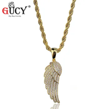 

GUCY Hip Hop Angel's Wing Pendant Necklace Copper Gold/Silver Color Plated Iced Out Micro Paved CZ Stones Gift for Women Men