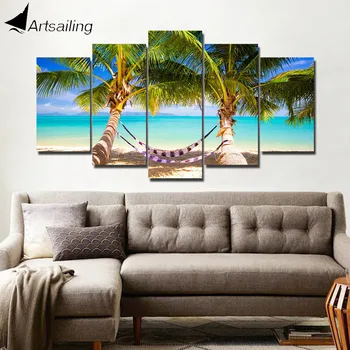 

ArtSailing 5 panel Painting wall pictures for living room Seaside beach coconut Canvas painting posters and prints art ny-1004