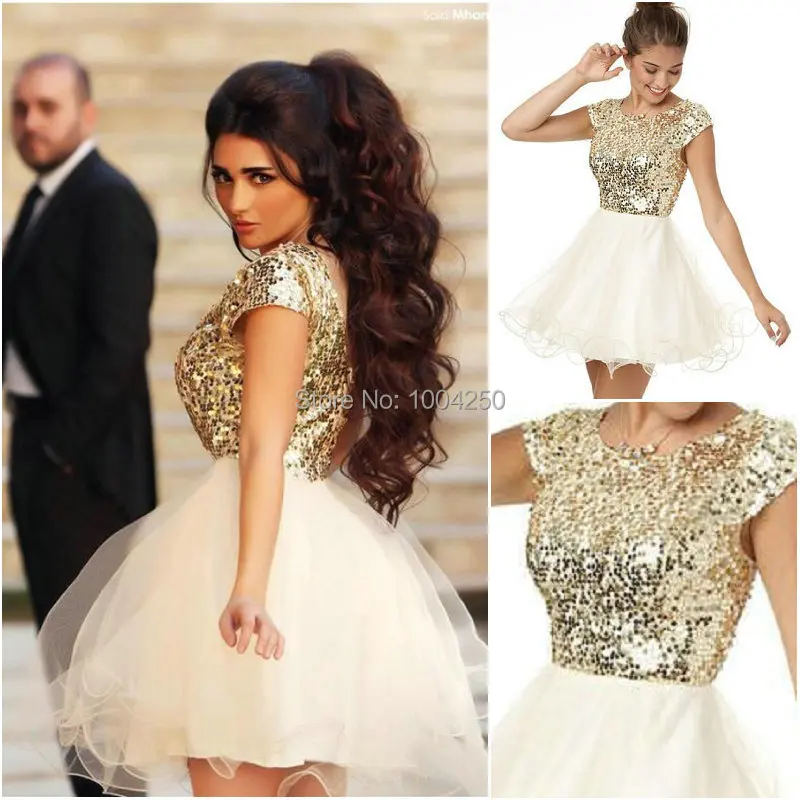 YP0218 New Arrival Scoop Cap Sleeves Ball Gown Organza Short Prom Dress 2015 Sequins Lace Homecoming Dress 