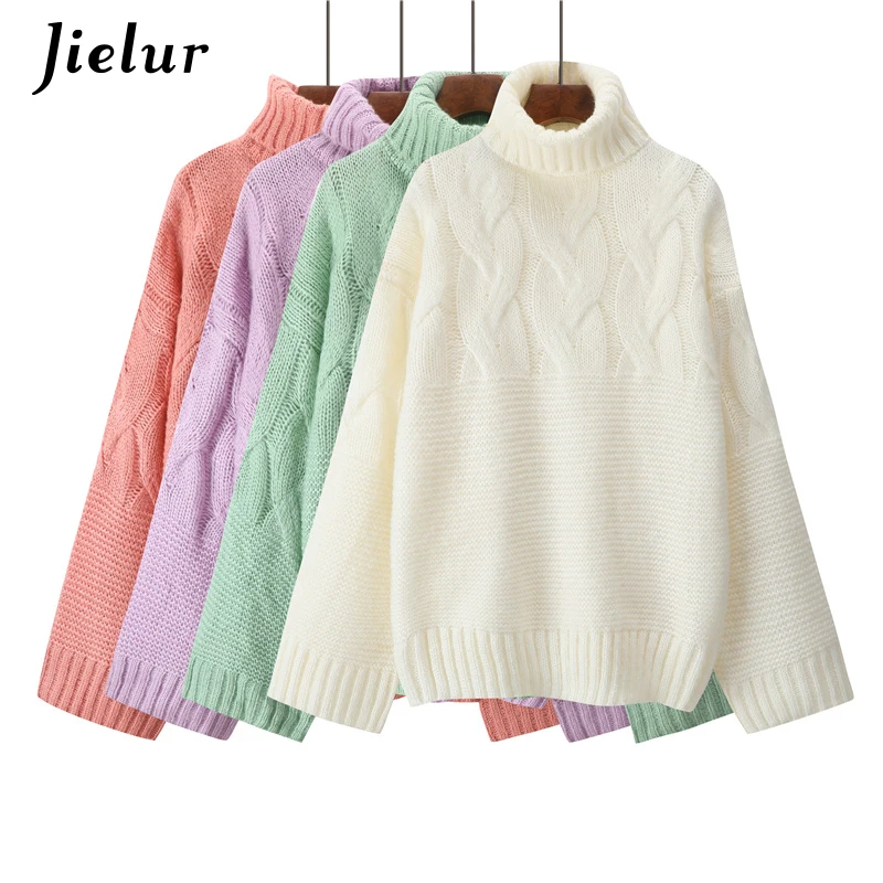 Jielur 4 Solid Color Turtleneck Sweater 2018 Autumn Winter Purple Pink Chic Pull Femme Korean Loose Women Sweaters and Pullovers |