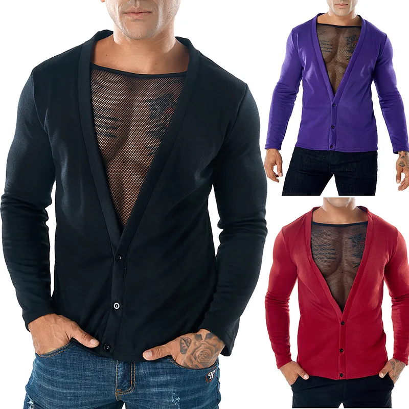 Сексуальный сетчатый выдалбливающий мужской свитер, мужской однотонный фиолетовый свитер с глубоким v-образным вырезом, мужской облегающий брендовый вязаный пуловер черного цвета