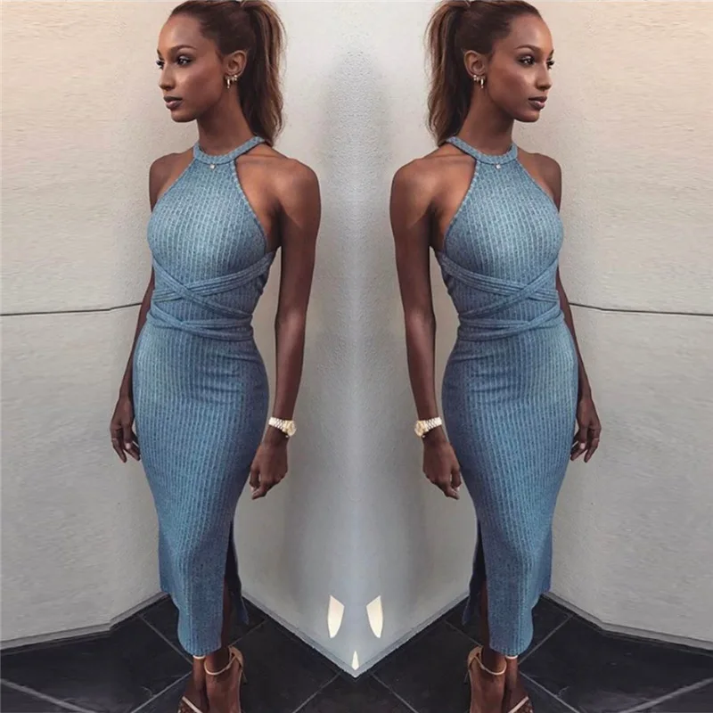 Halter Neck Gray Sleeveless Slit Mid-calf Bodycon Dress