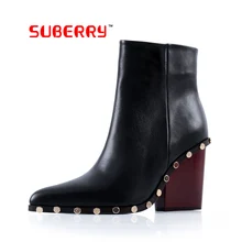 SUBERRY Sexy Shoes US Size 9 Women Rivet Short Boots Thick High Heels Pointed Toe Zipper Boots 2017 Women Brand Boots Leathe