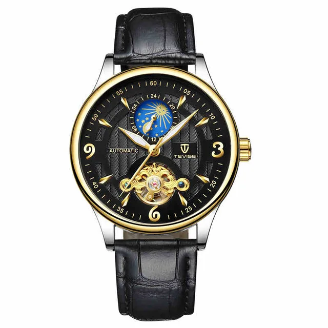 TEVISE мужские часы модные автоматические механические часы для мужчин кожаный ремешок Moon phase Tourbillon спортивные часы Relogio Masculino - Цвет: Черный