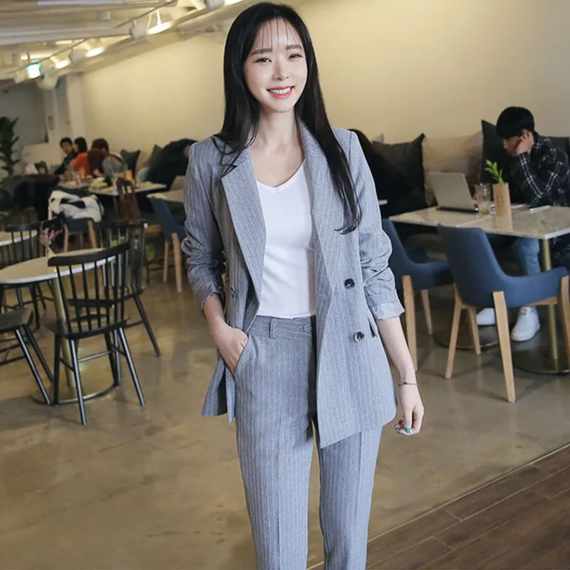 

2019 Fashion Work Pant Suits Women 2 Piece Set Notched Double Breasted Striped Blazer Jacket Trouser Office Lady Suit