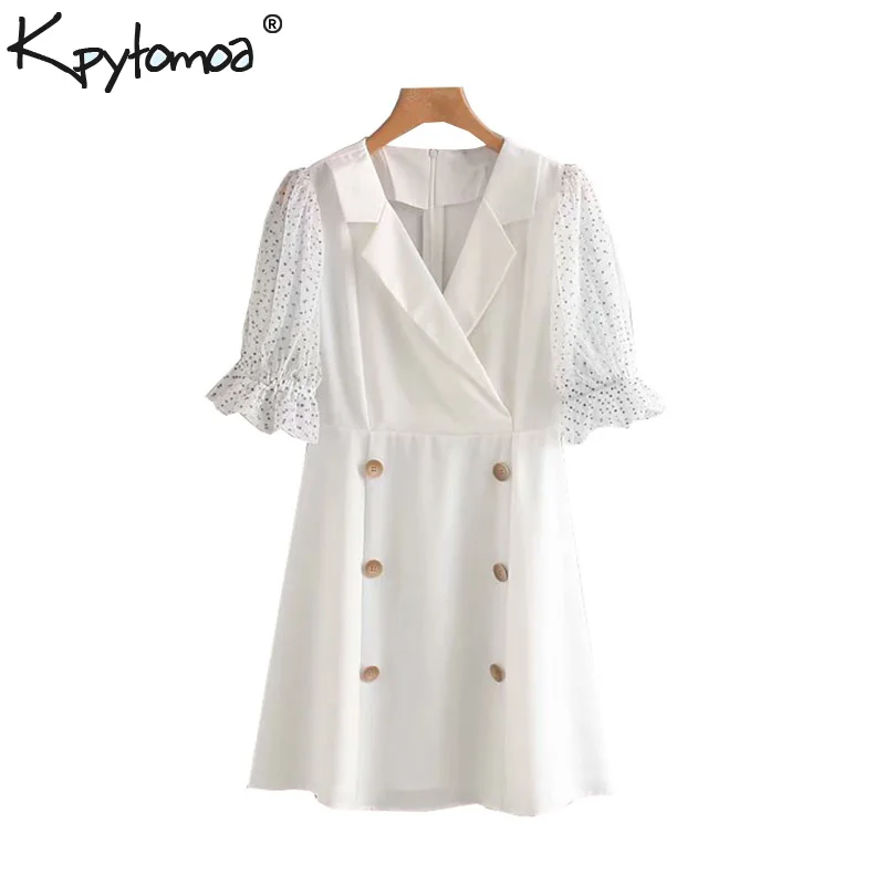 

Vintage Stylish Double Breasted Mini Dress Women 2019 Fashion Notched Collar Mesh See Through Sleeve Party Dresses Vestido Mujer