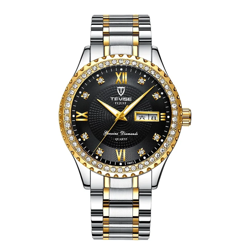 TEVISE T807S Quartz Watch Men Rhinestones Date Week Mens Watch Waterproof Luminous Business Casual horloges mannen drop shipping (7)