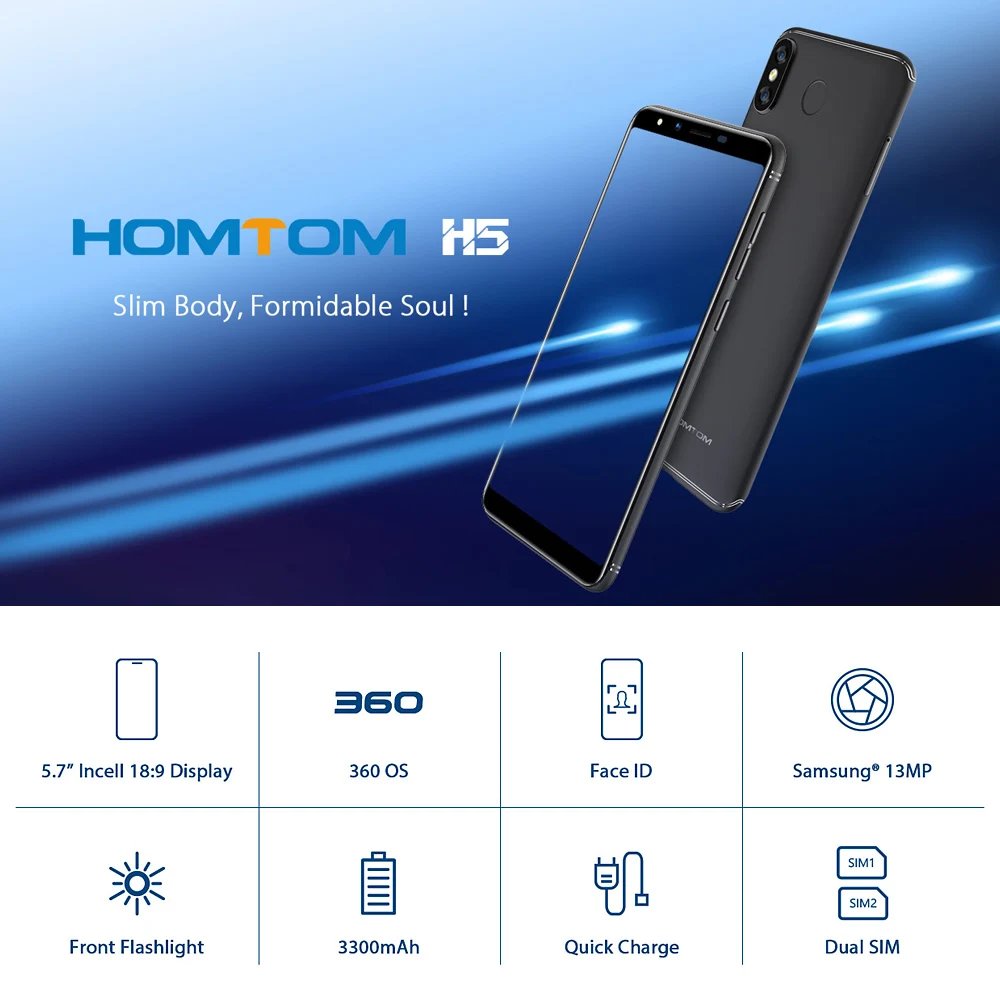 HOMTOM H5 мобильный телефон 5,7 дюйма HD дисплей 3 GB 32 GB Face ID 13MP камера 3300 mAh быстрая зарядка MT6739 4 ядра 4G смартфон
